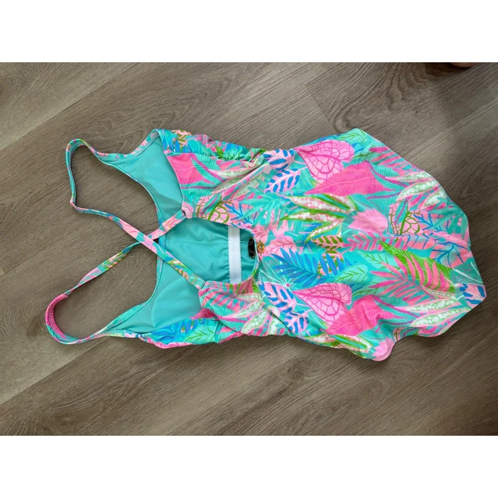 Lilly Pulitzer Tropical Leaf Print One Piece Swimsuit Ruched Pink Teal Blue